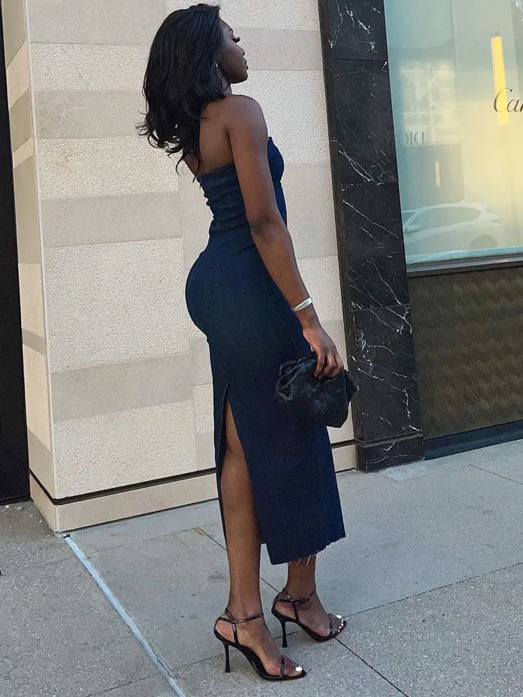 שמלת ג׳ינס מקסי- שקד